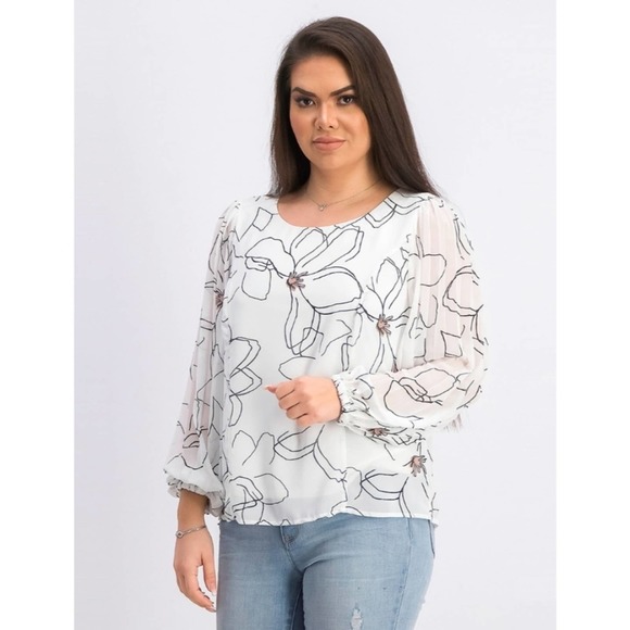 Alfani Floral Print Pleat Sleeve Top Petite Large - Picture 1 of 13